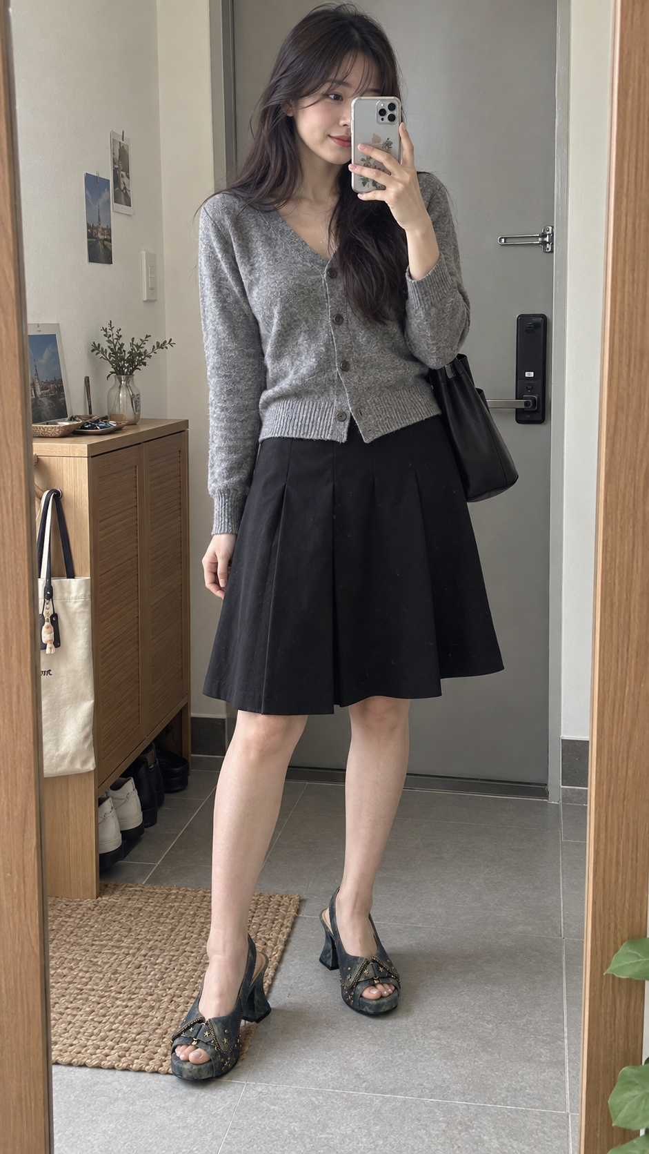 AI-generated styling image of denim Studded Western Peep-Toe Slingback Heels — entryway mirror.