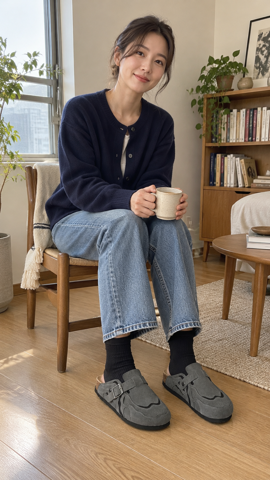 AI-styled look: Suede Buckle Cork Footbed Clogs — Window-side tea