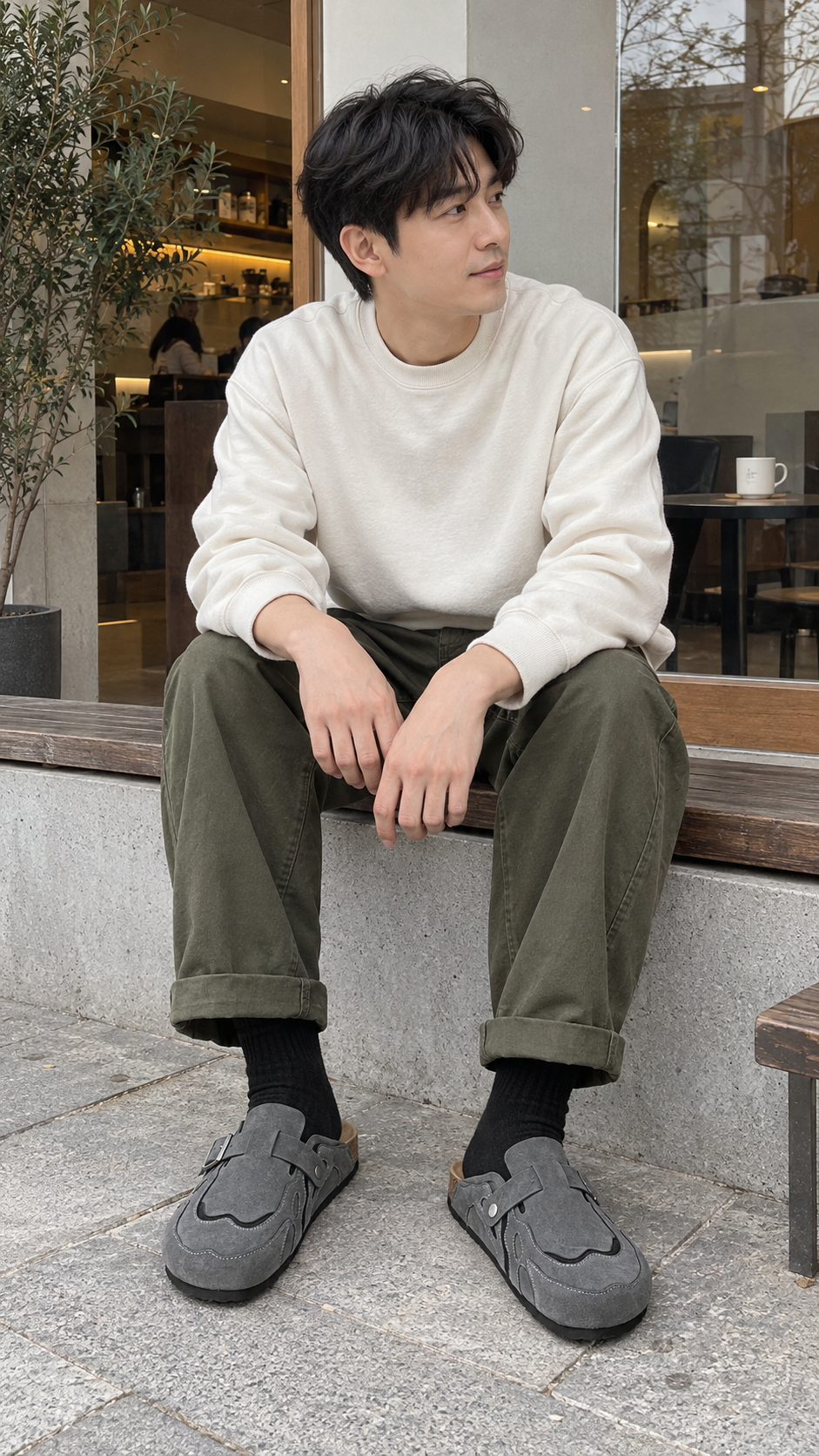 AI-styled look: Suede Buckle Cork Footbed Clogs — Corner coffee stop