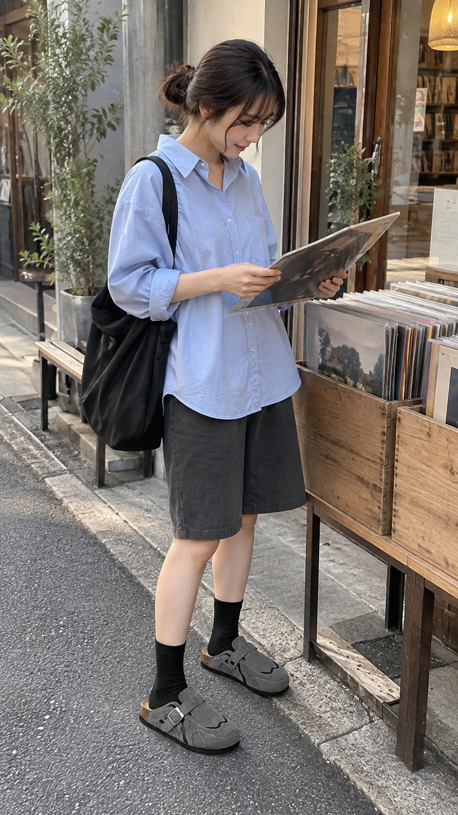 AI-styled look: Suede Buckle Cork Footbed Clogs — Weekend record shop