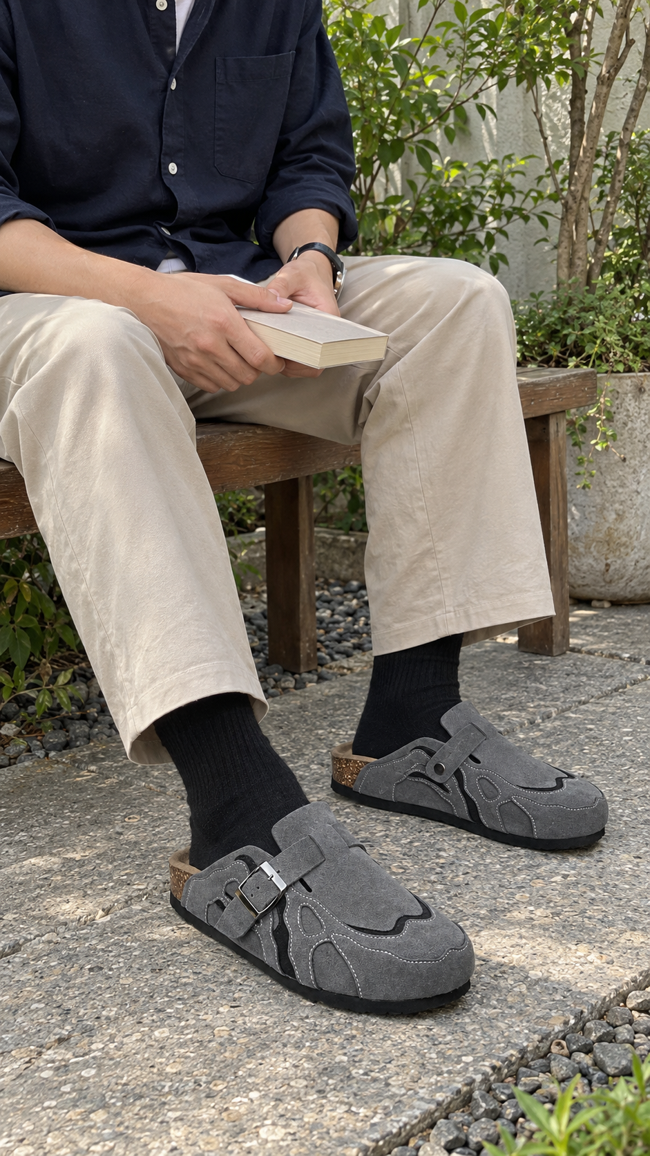 AI-styled look: Suede Buckle Cork Footbed Clogs — Garden bench detail