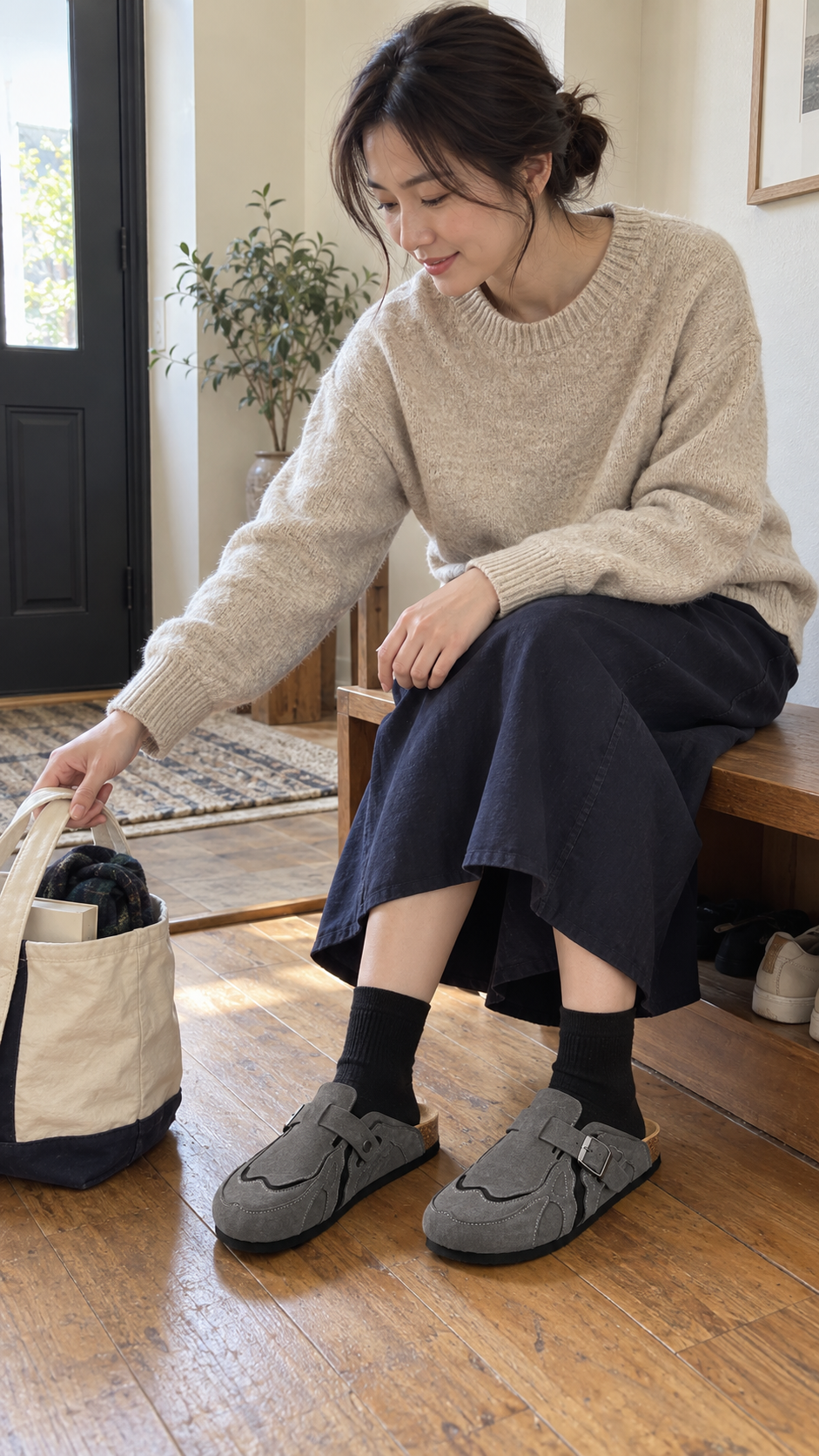 AI-styled look: Suede Buckle Cork Footbed Clogs — Leaving the apartment