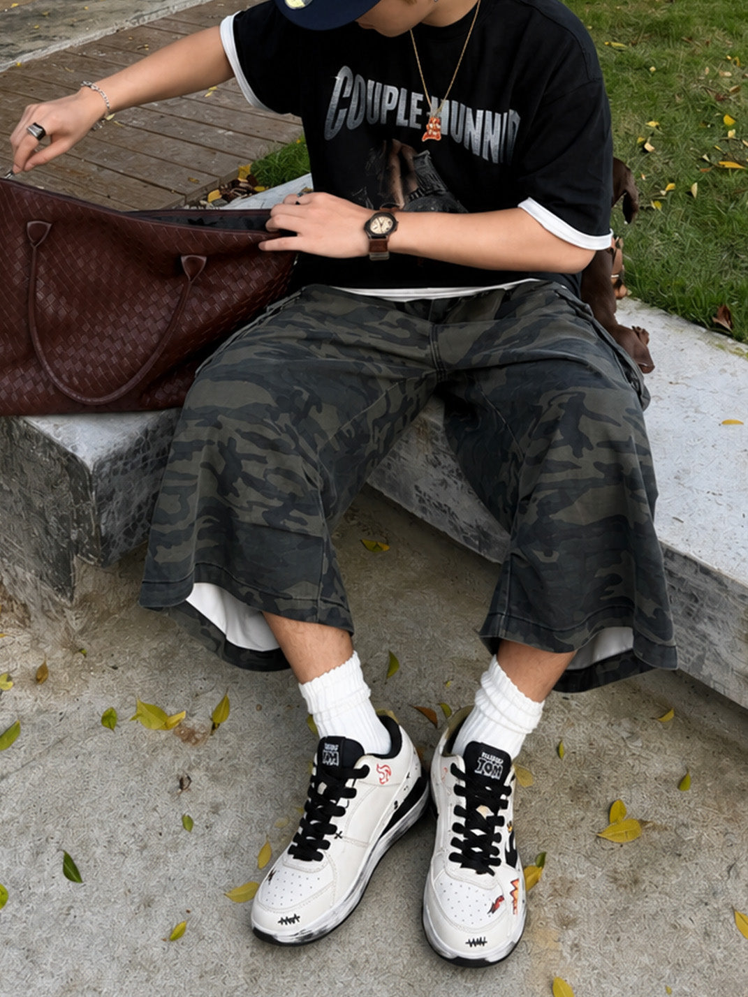 Scuffed Flame-Graphic Court Sneakers - View 3