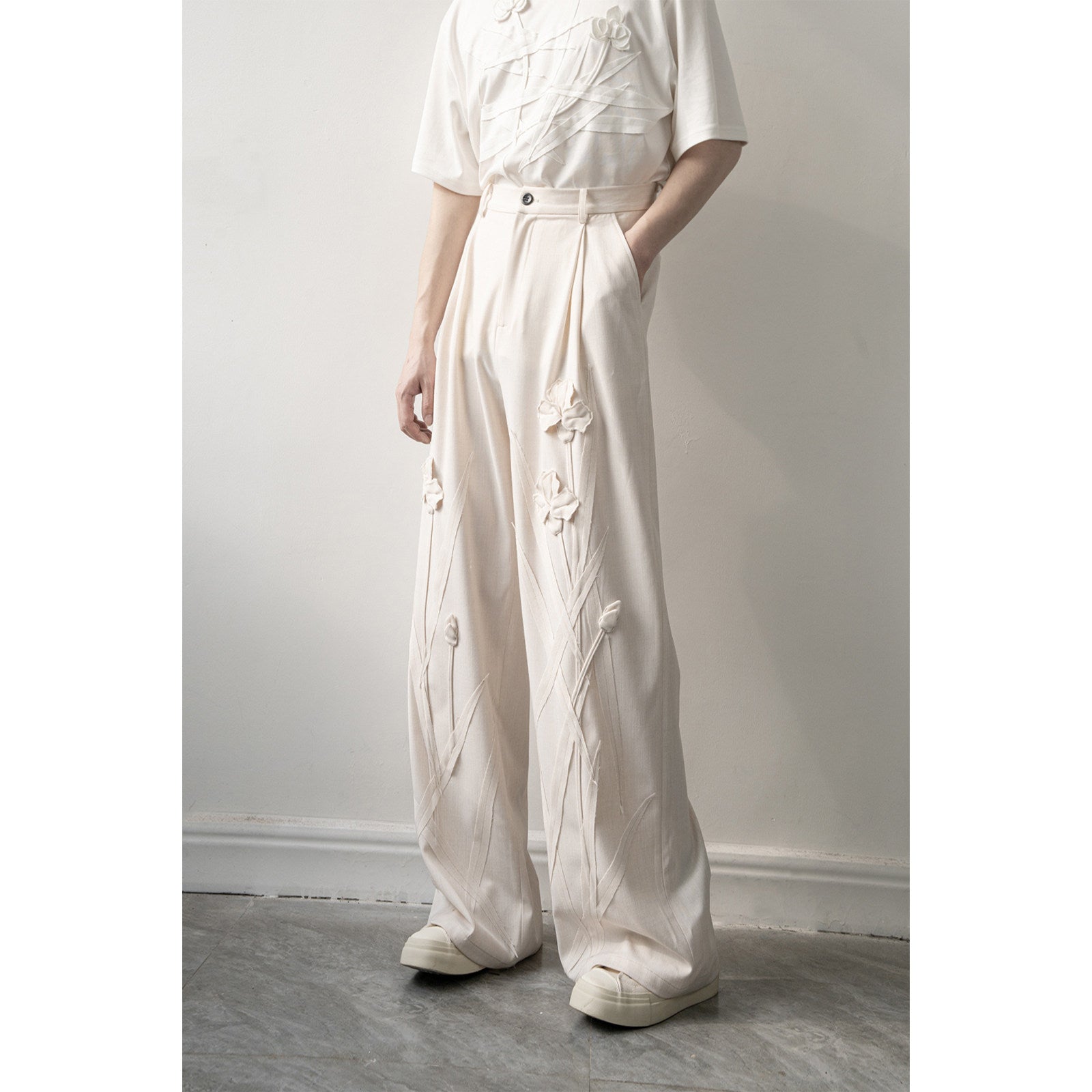 Handmade Iris 3D Flower Wide-Leg Pants