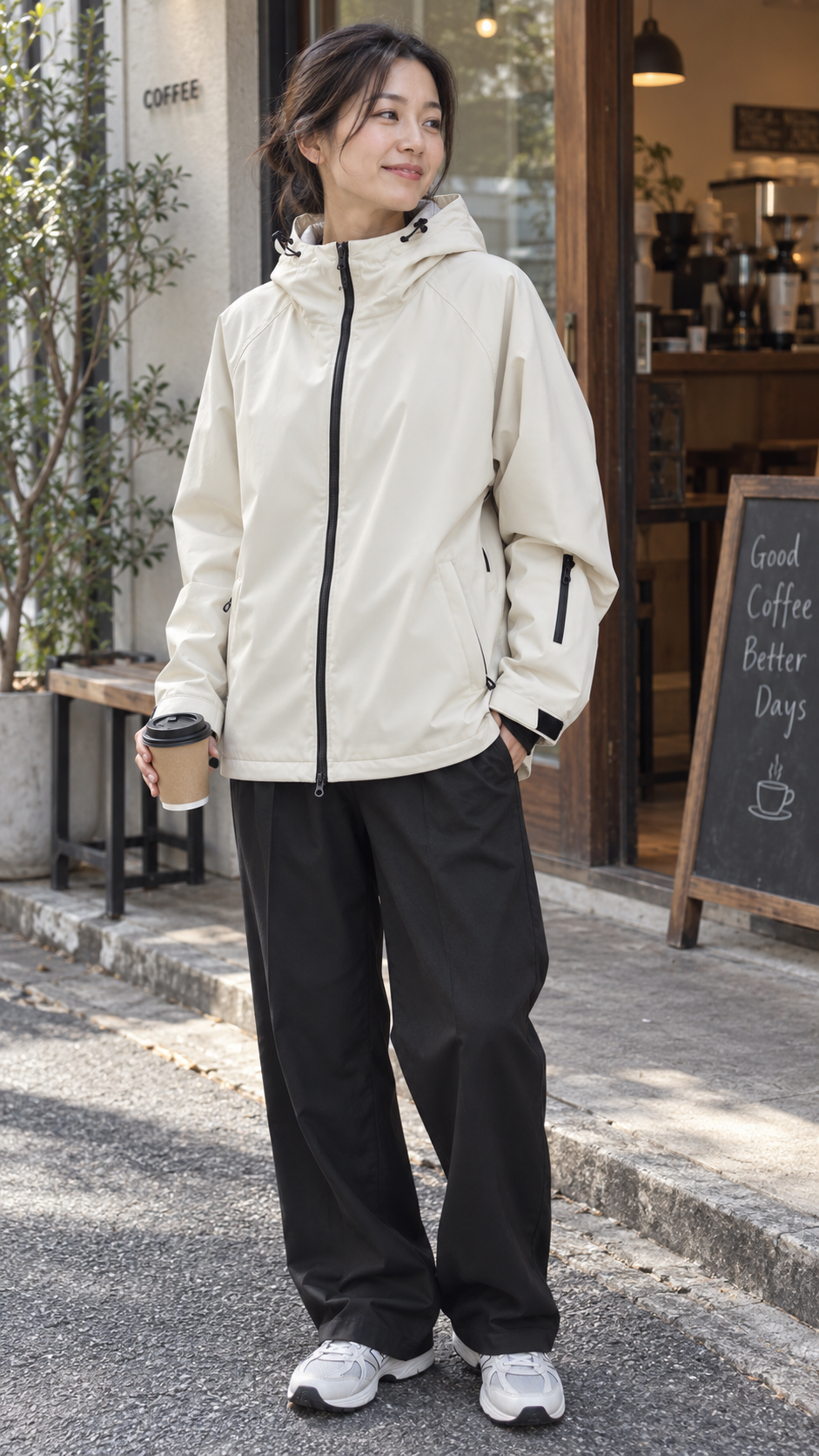 AI-styled look: TerraCore Minimal Shell Jacket — Coffee stop