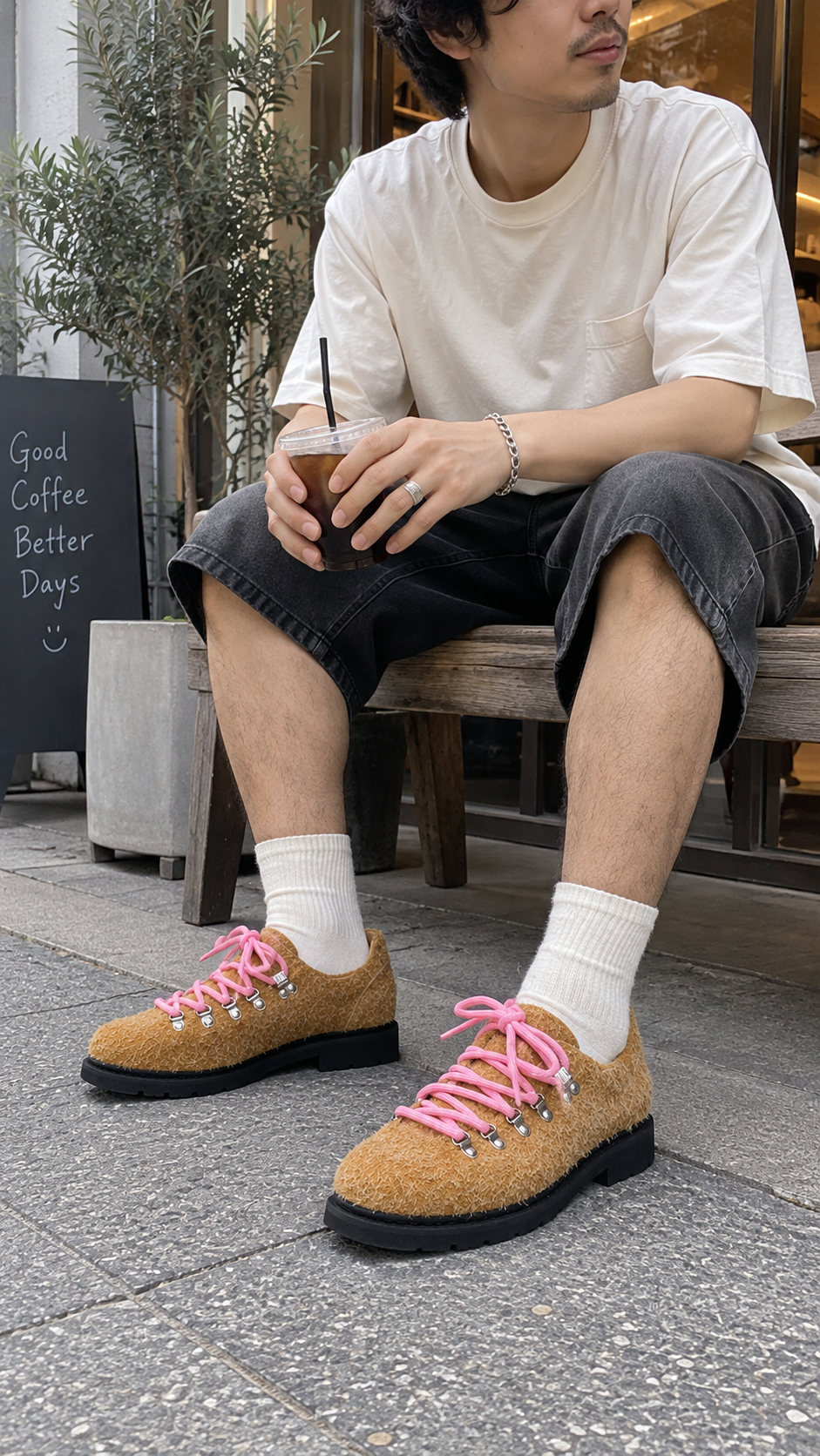 AI-styled look: Textured Suede Metal-Eyelet Derby Shoes, Khaki — Cafe step
