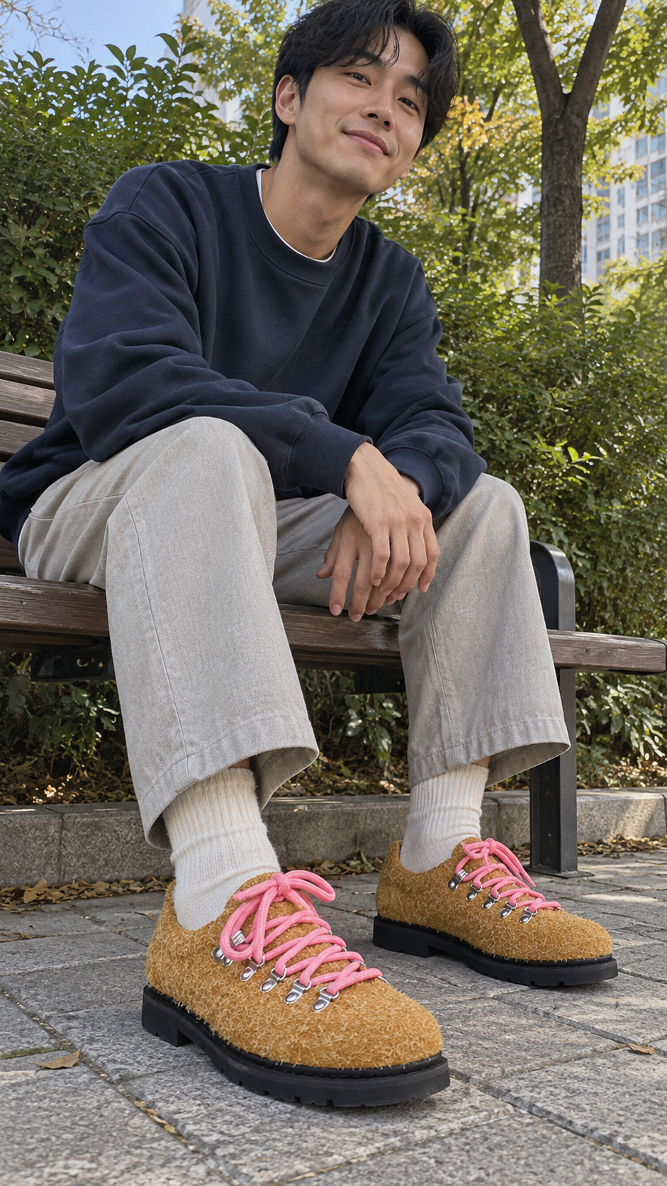 AI-styled look: Textured Suede Metal-Eyelet Derby Shoes, Khaki — Park bench