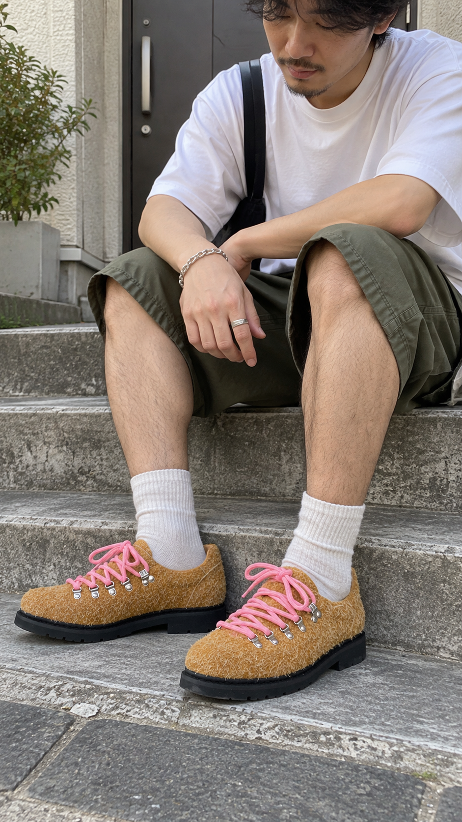 AI-styled look: Textured Suede Metal-Eyelet Derby Shoes, Khaki — Weekend steps