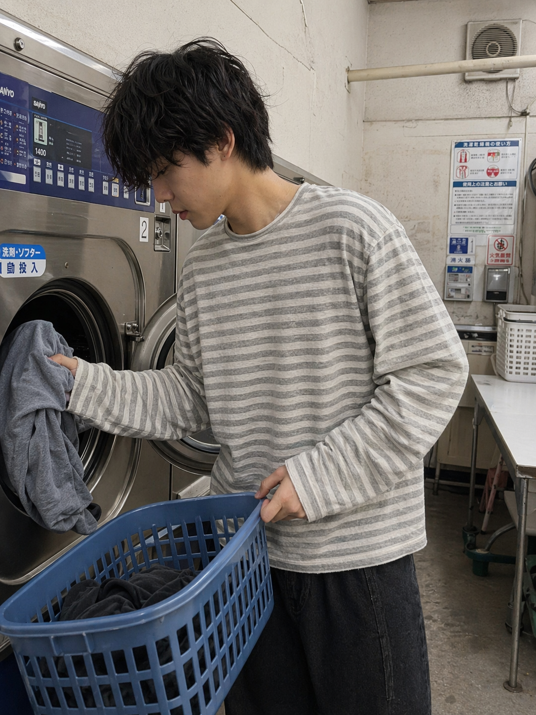 UGC showcase 1 for Tide Slouch Stripe Long Sleeve Tee: Japanese man in a Tokyo laundromat.
