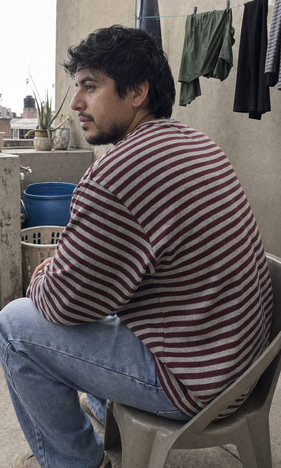 UGC showcase 3 for Tide Slouch Stripe Long Sleeve Tee: Mexican man on a Mexico City balcony.