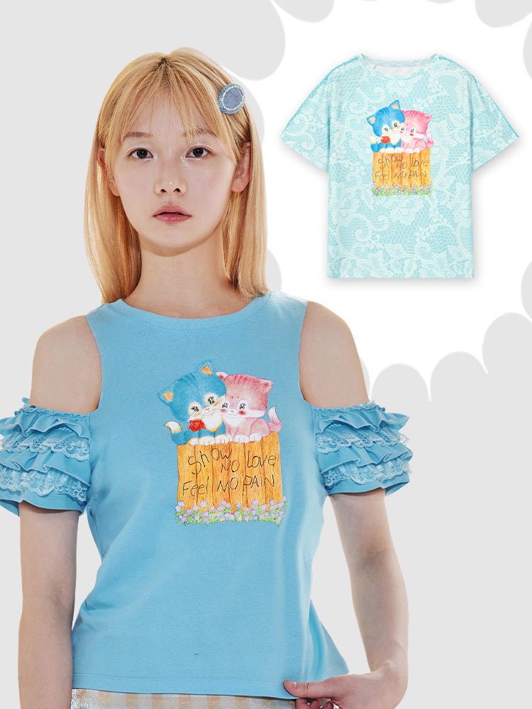 Kitty Print Ruffle Cold Shoulder and T-Shirt