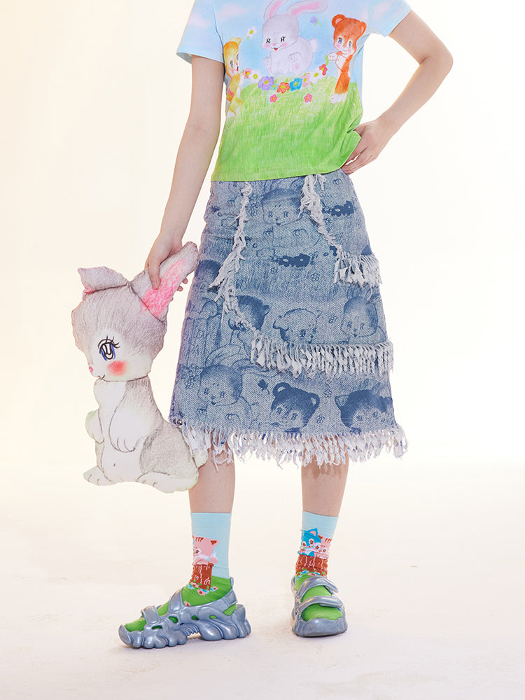 Cartoon Print Frayed Denim Midi Skirt