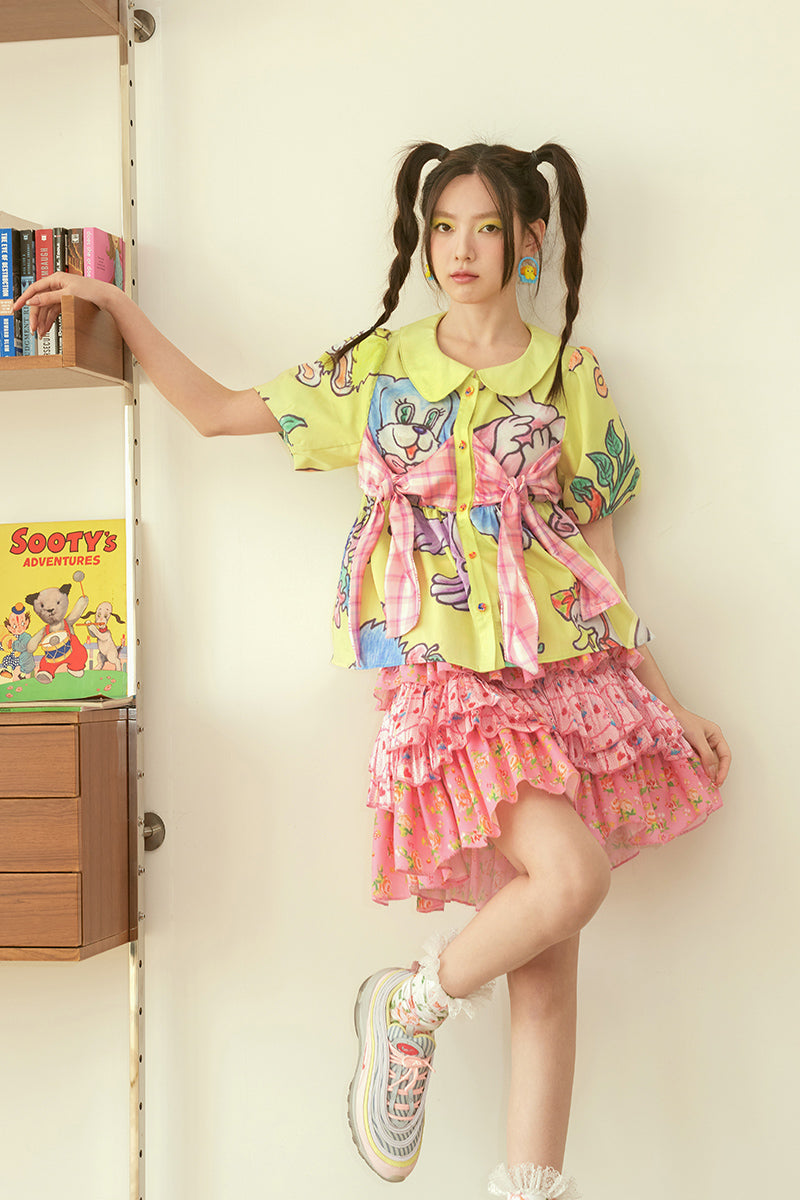 Pink Floral Hearts Tiered Ruffle Skirt