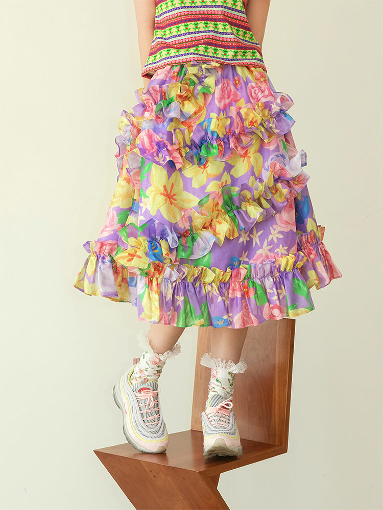 Floral Ruffle Watercolor Midi Skirt