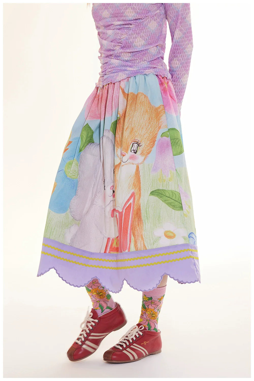 Pastel Garden Print Scalloped Midi Skirt