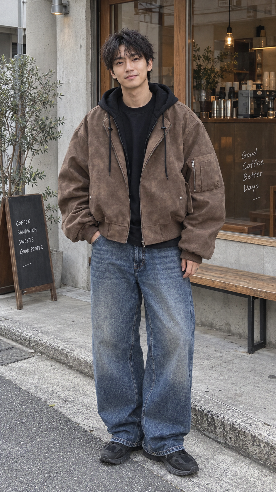AI-styled look: Umber Drift Oversized Moto Jacket, Brown — Cafe sidewalk