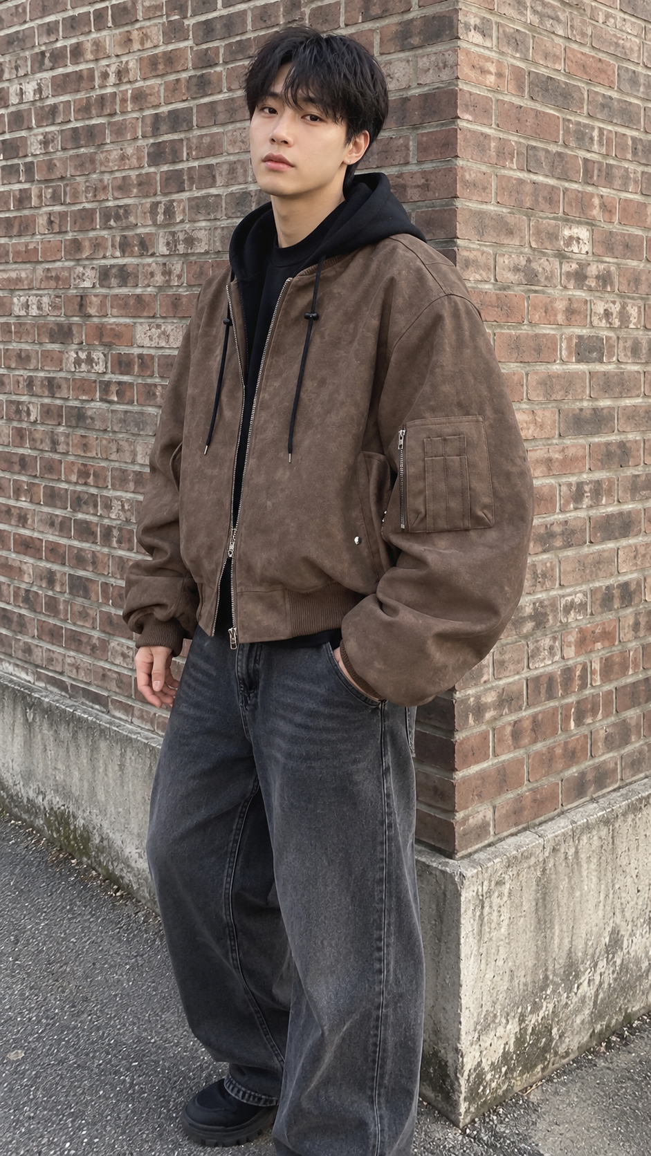 AI-styled look: Umber Drift Oversized Moto Jacket, Brown — Brick residential corner