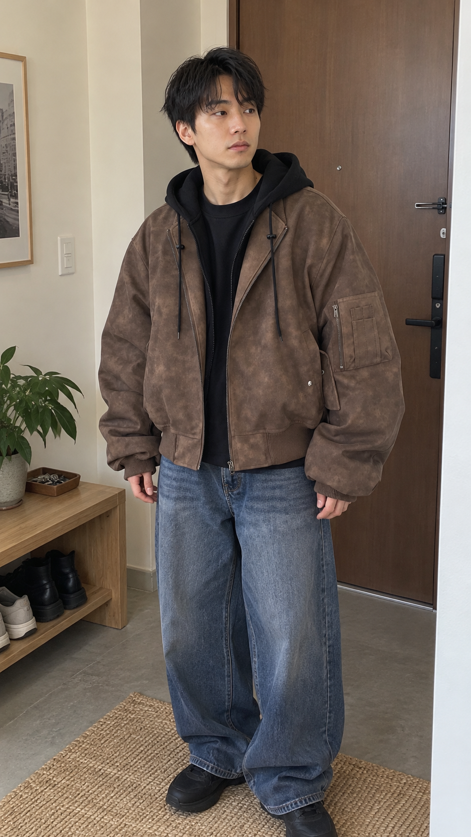 AI-styled look: Umber Drift Oversized Moto Jacket, Brown — Apartment entryway