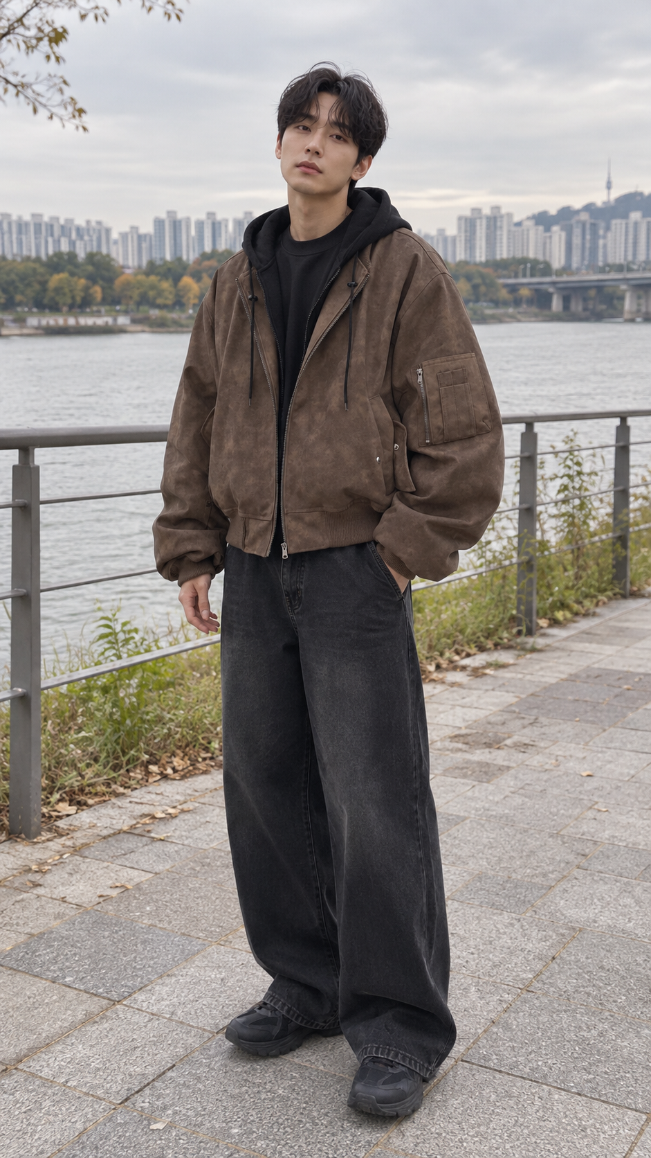 AI-styled look: Umber Drift Oversized Moto Jacket, Brown — Riverside walkway
