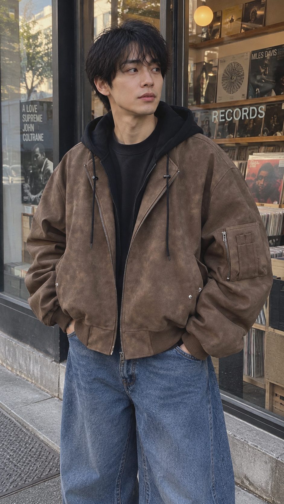 AI-styled look: Umber Drift Oversized Moto Jacket, Brown — Record shop exterior
