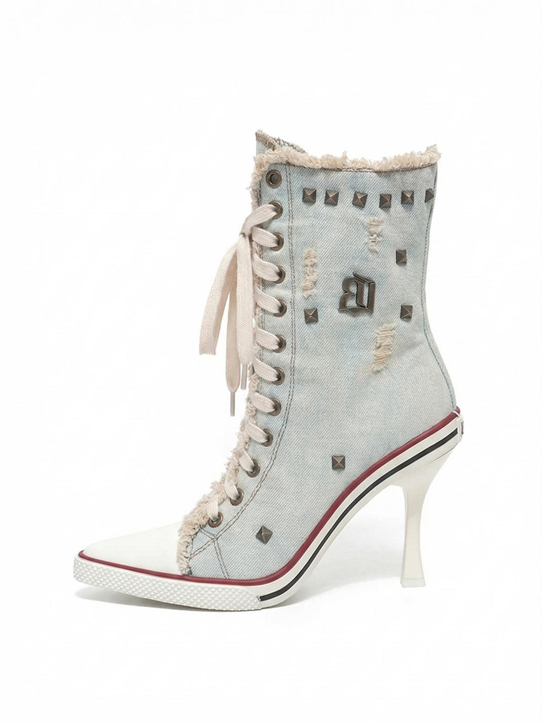 Distressed Studded Denim Platform Boots