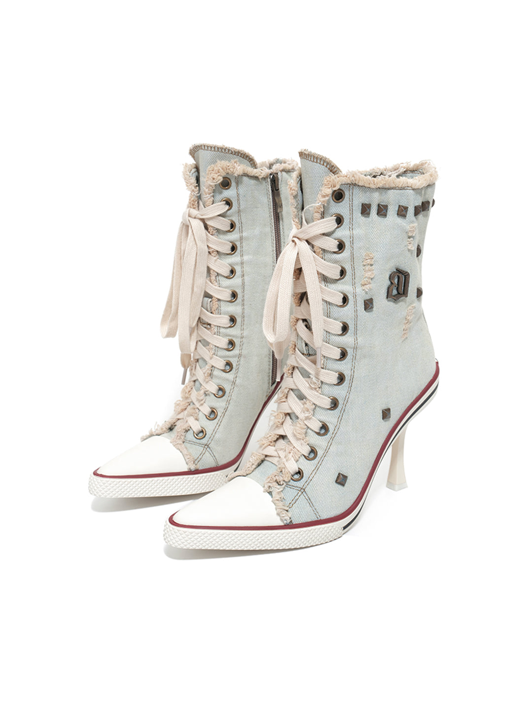 Distressed Studded Denim Platform Boots - View 7