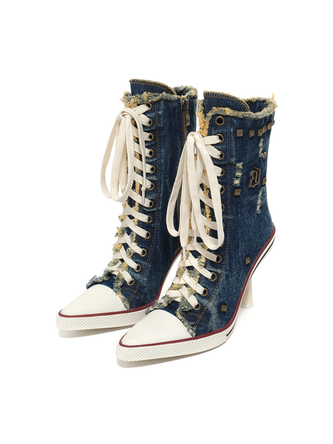Distressed Studded Denim Platform Boots - View 12