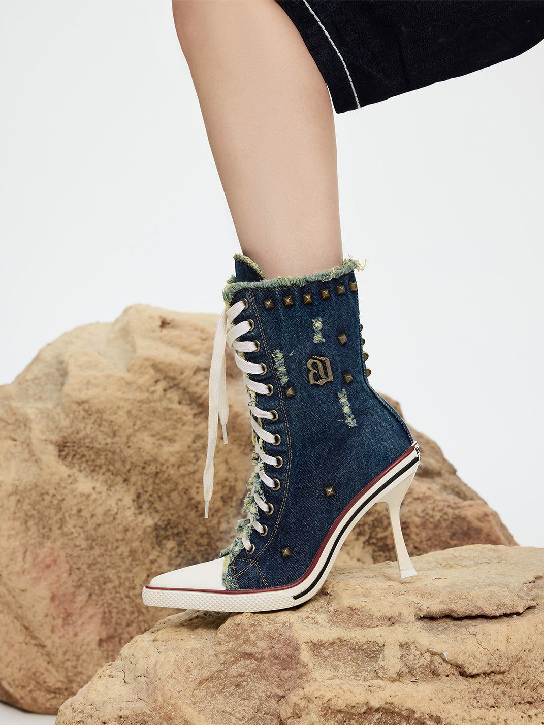 Distressed Studded Denim Platform Boots - View 16