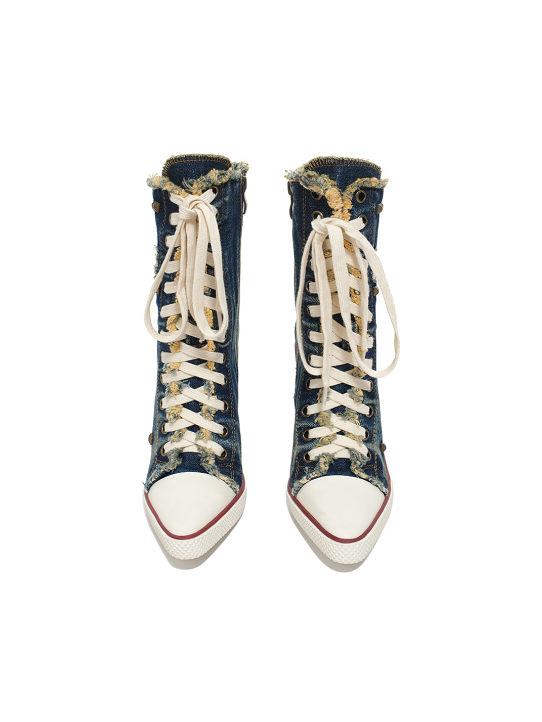 Distressed Studded Denim Platform Boots - View 17