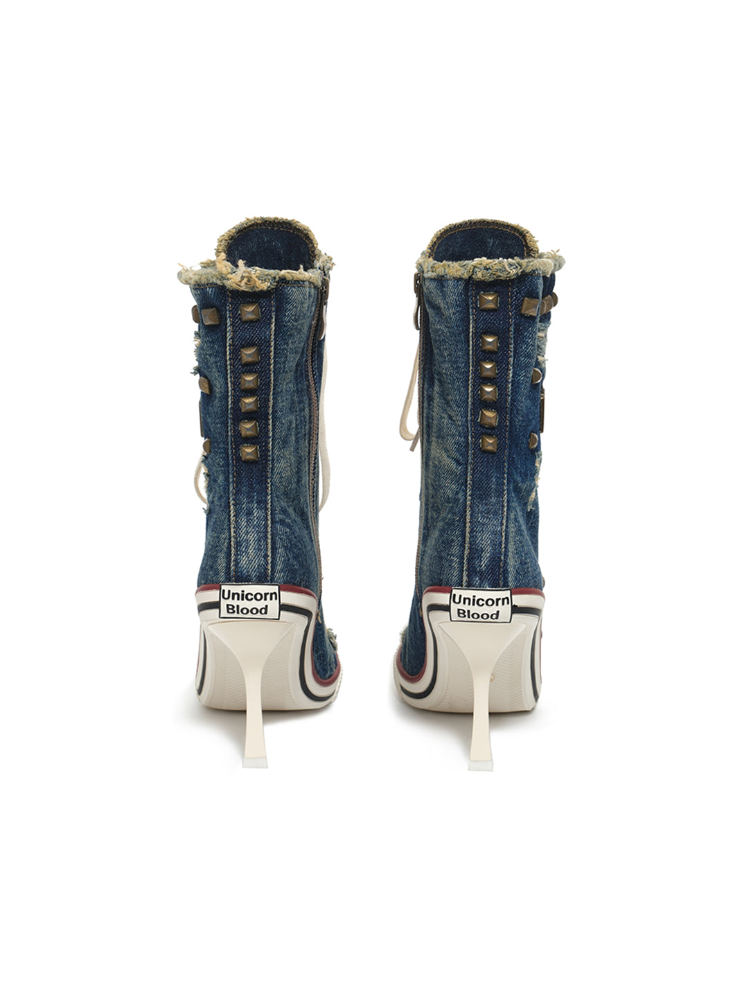 Distressed Studded Denim Platform Boots - View 18
