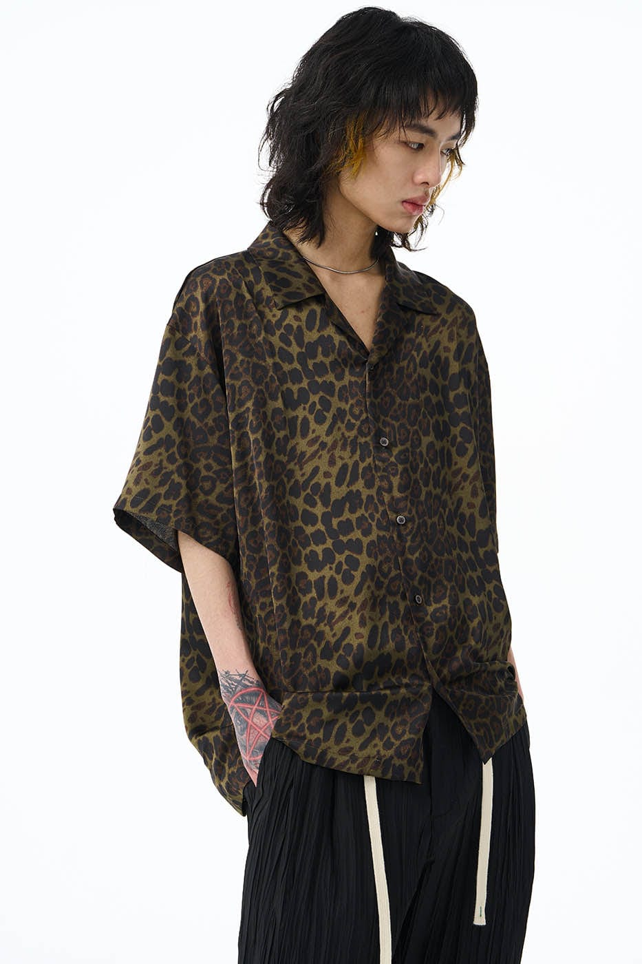 Olive Green Leopard Print Short Sleeve Shirt