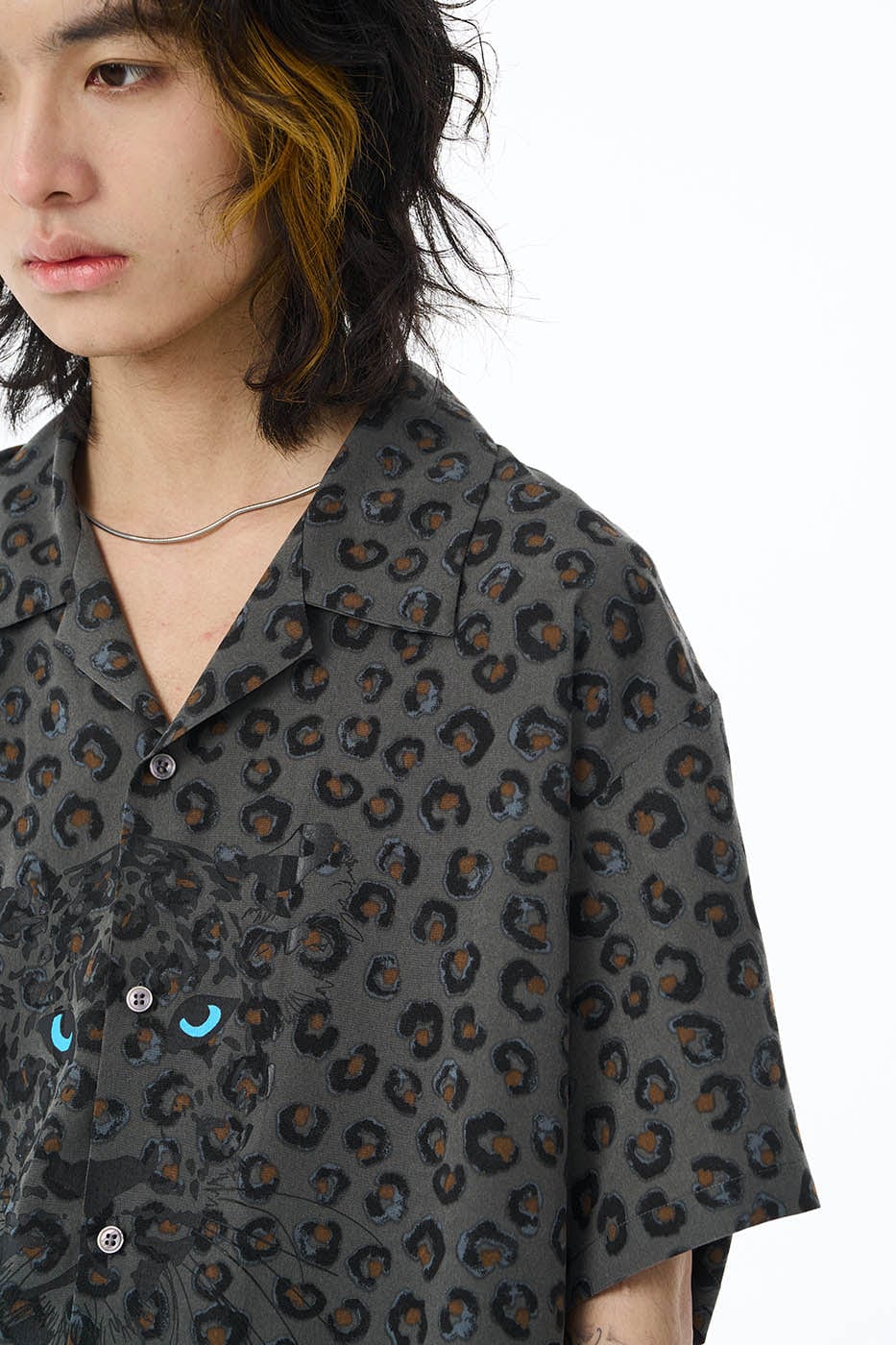 Grey Leopard Print Shirt with Blue-Eyed Cat Graphic