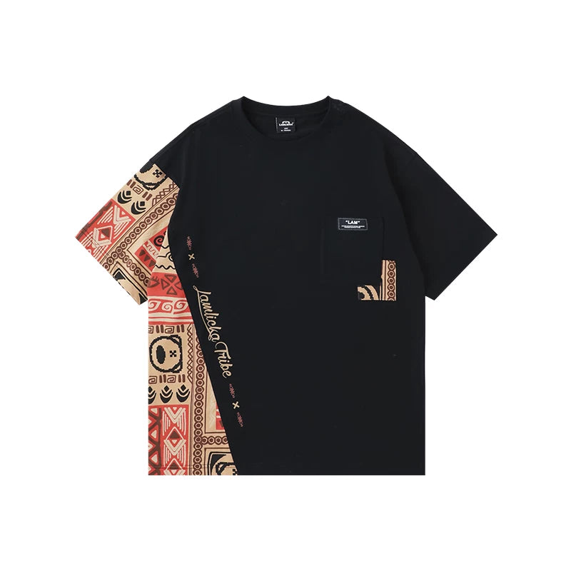 Ethnic Panel Oversized Cotton T-Shirt Black color view