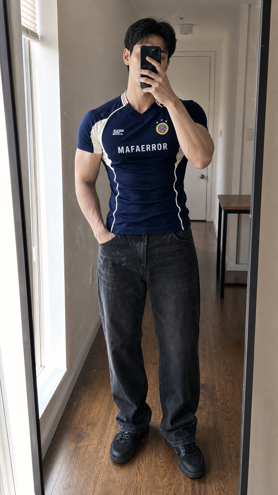 Varsity MAFAERROR Jersey Tee UGC showcase 1 - navy mirror fit check