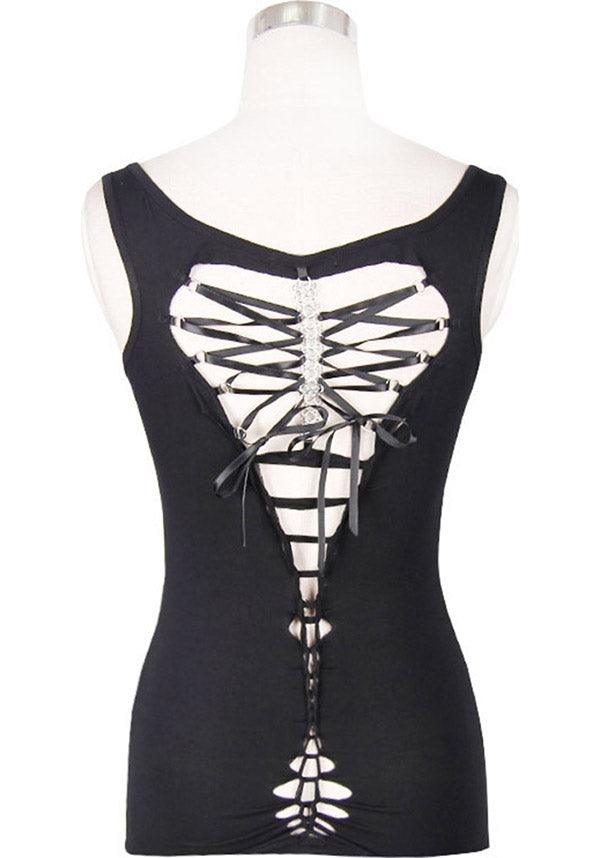 Devil Fashion Gothic Spine Lace-Up Tank Top - Black