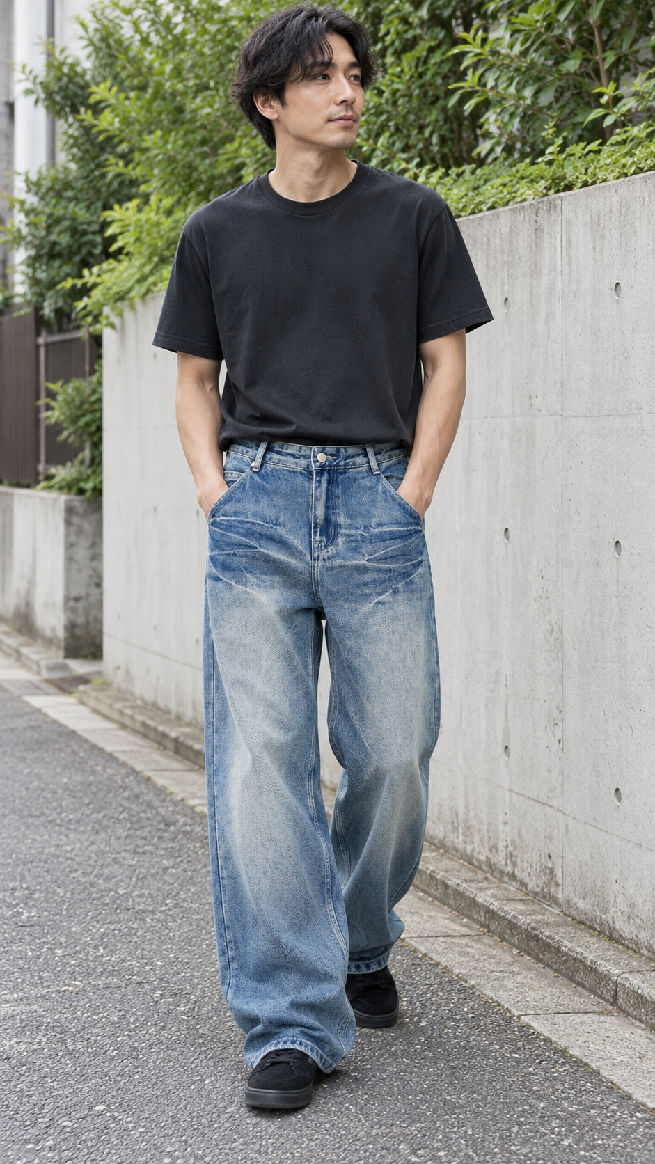 AI-styled look: Vintage Blue Wash Wide Leg Jeans — sidewalk walk