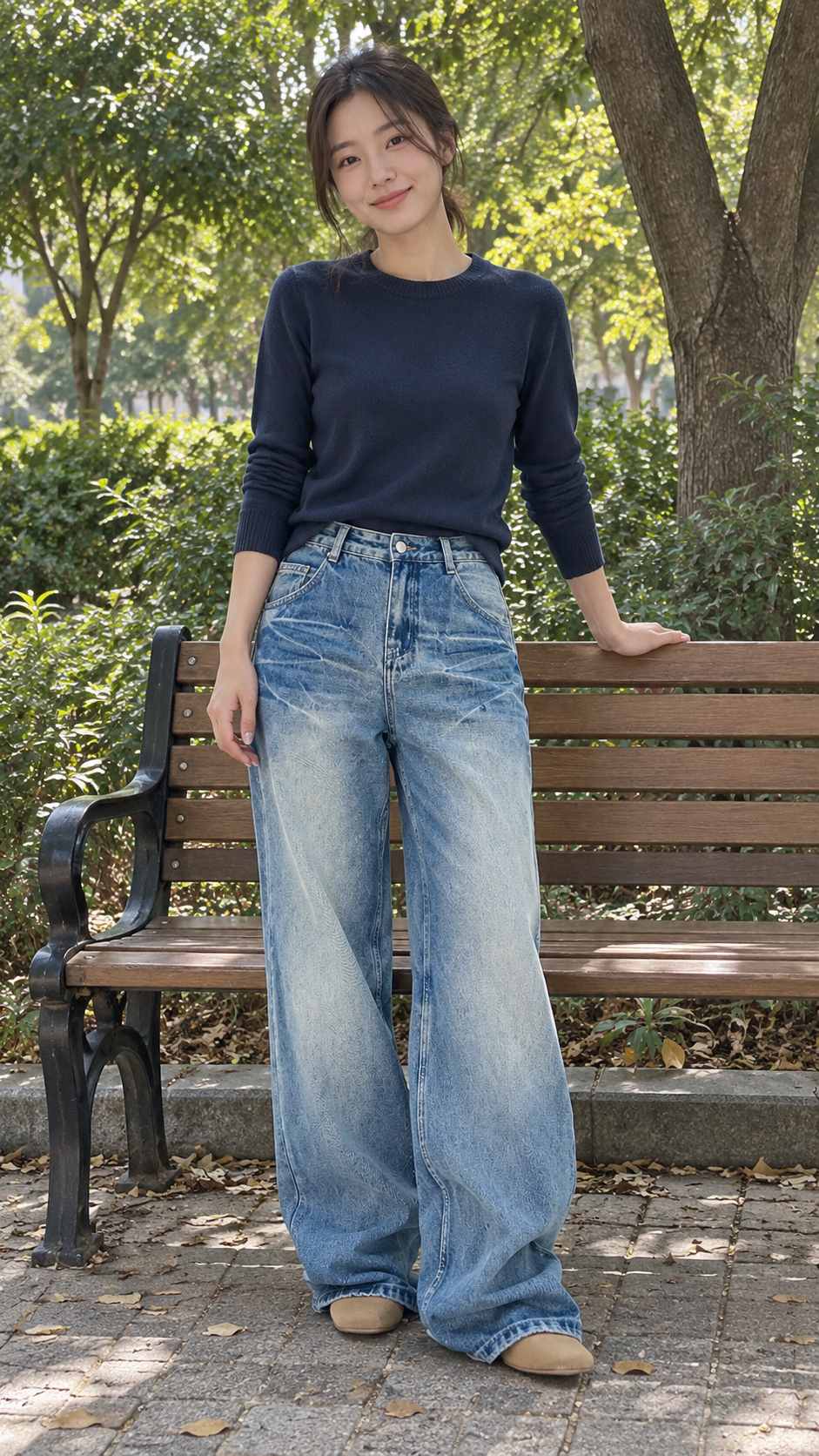 AI-styled look: Vintage Blue Wash Wide Leg Jeans — park outfit