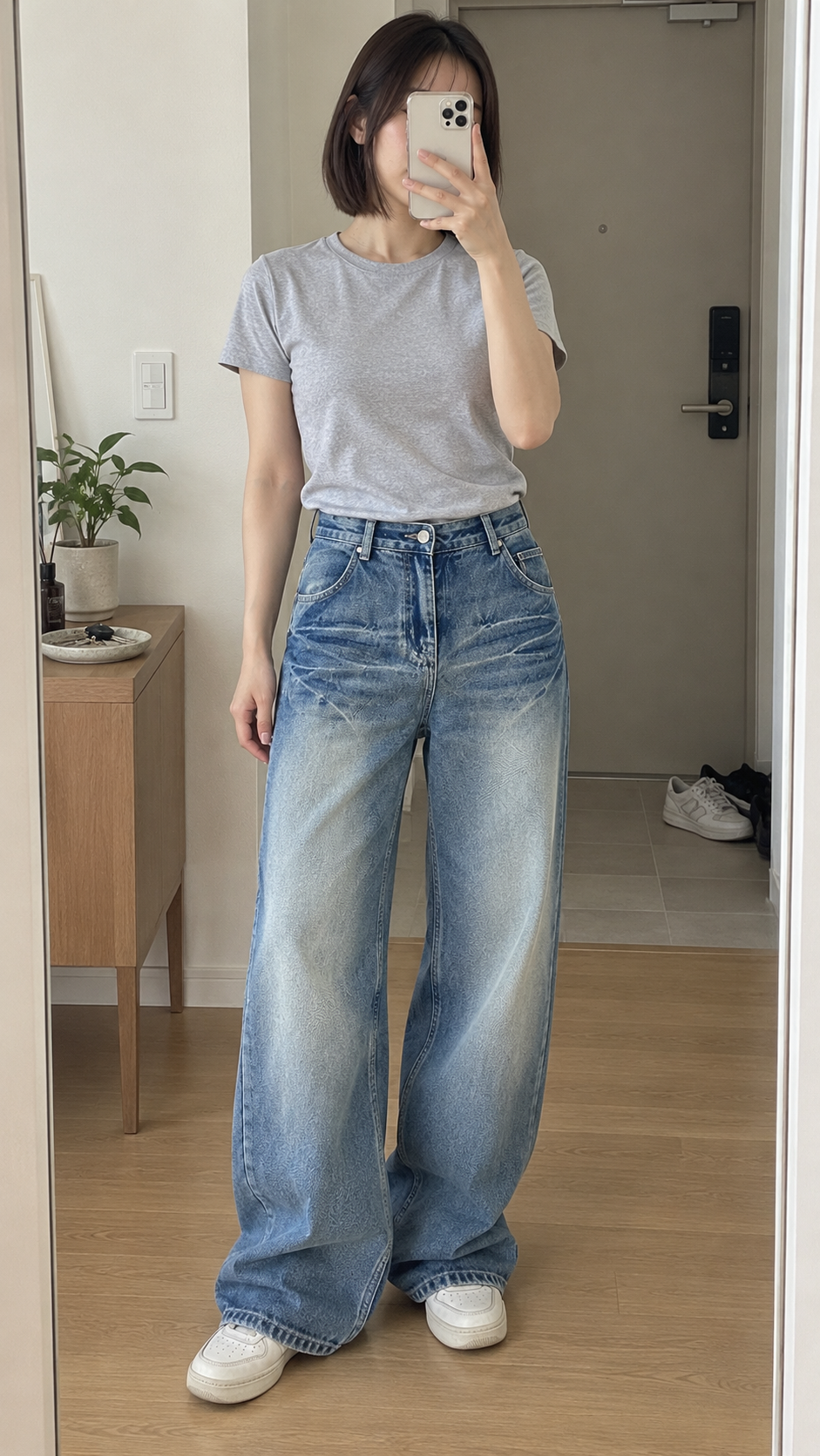 AI-styled look: Vintage Blue Wash Wide Leg Jeans — entryway mirror