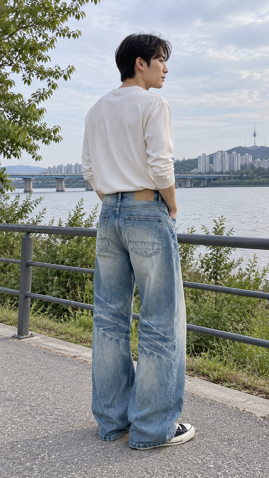 AI-styled look: Vintage Blue Wash Wide Leg Jeans — rear-view riverside outfit