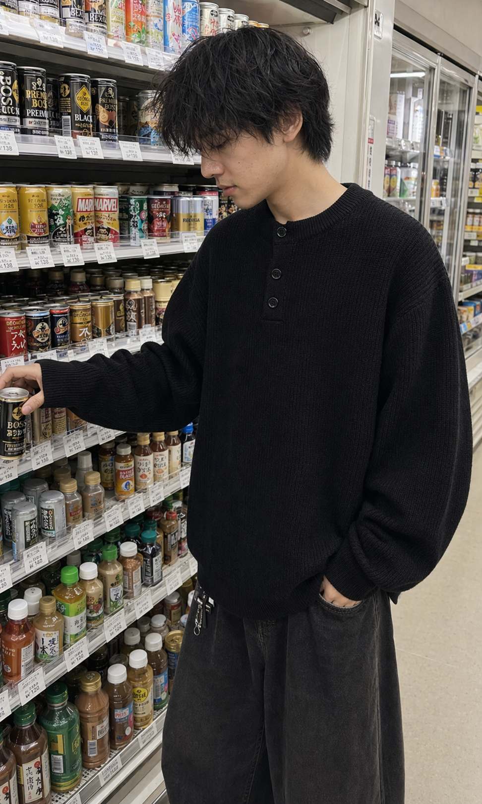 UGC showcase 1 for Waffle Henley Knit Sweater: Japanese man in a Tokyo convenience store.