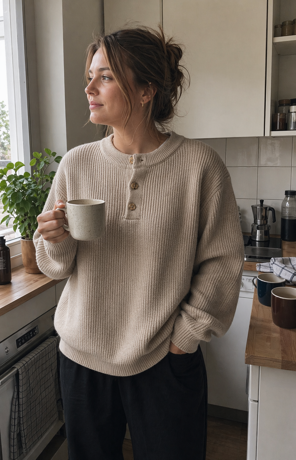 UGC showcase 2 for Waffle Henley Knit Sweater: German woman in a Berlin apartment kitchen.