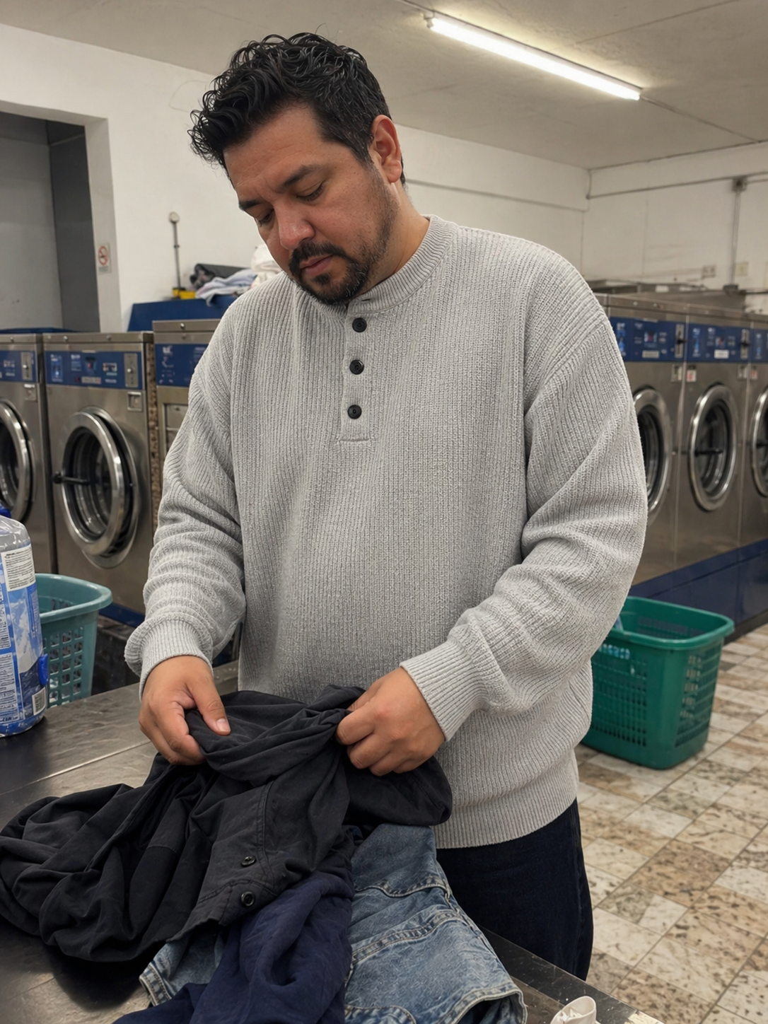 UGC showcase 3 for Waffle Henley Knit Sweater: Mexican man in a Mexico City laundromat.