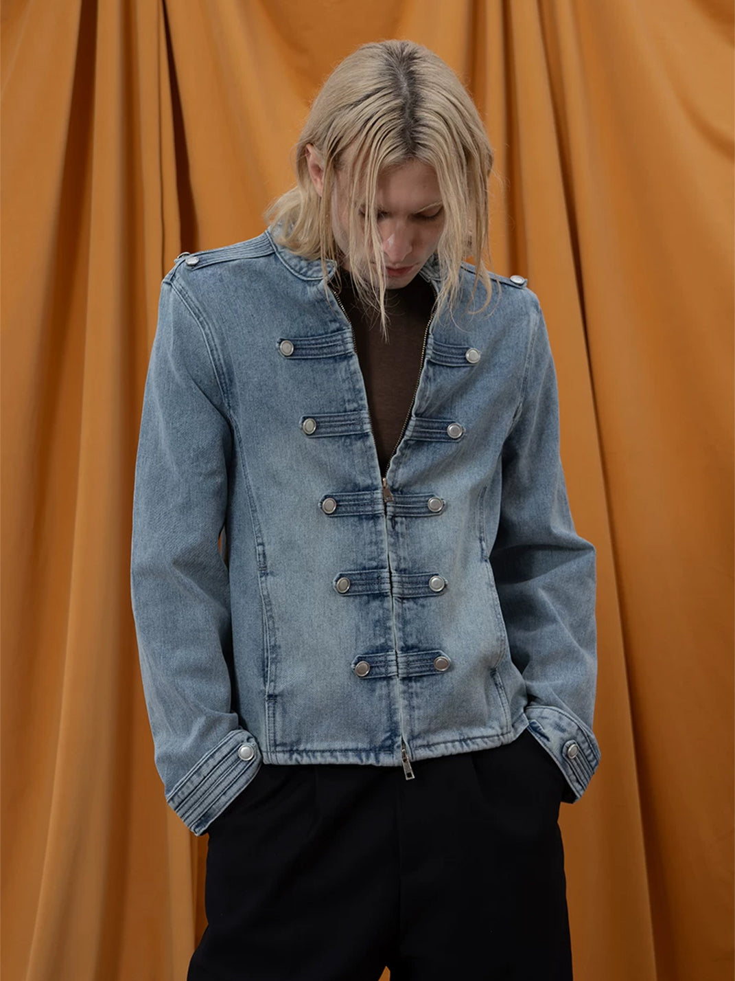 Washed Denim Epaulette Cropped Zip Jacket - view 4