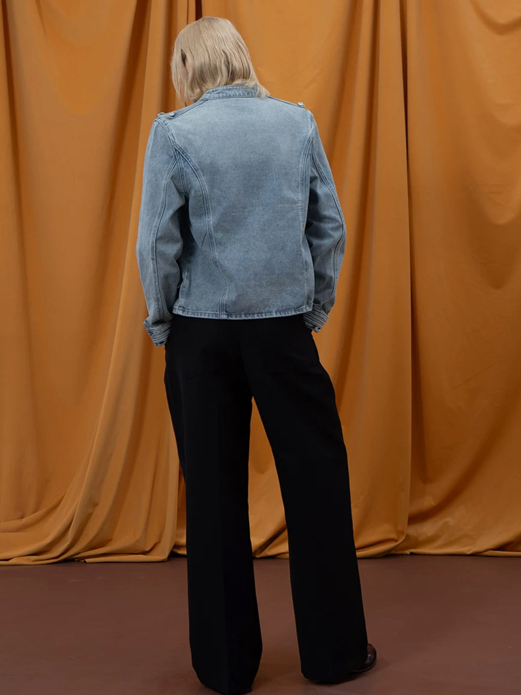 Washed Denim Epaulette Cropped Zip Jacket - view 8