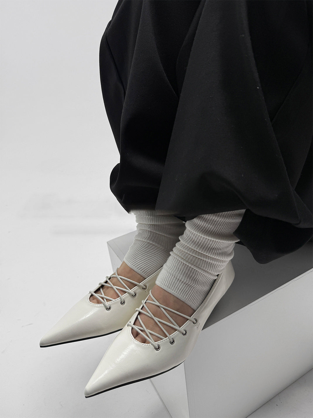 White Corset-Lace Pointed Ballet Flats - View 2