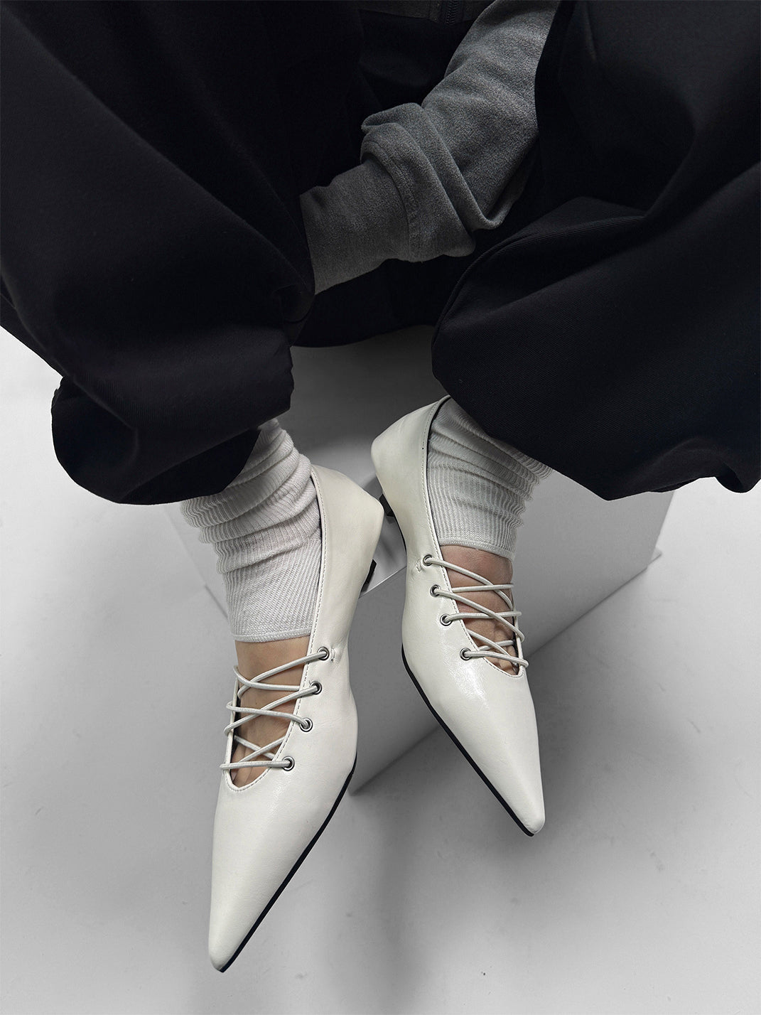 White Corset-Lace Pointed Ballet Flats - View 4