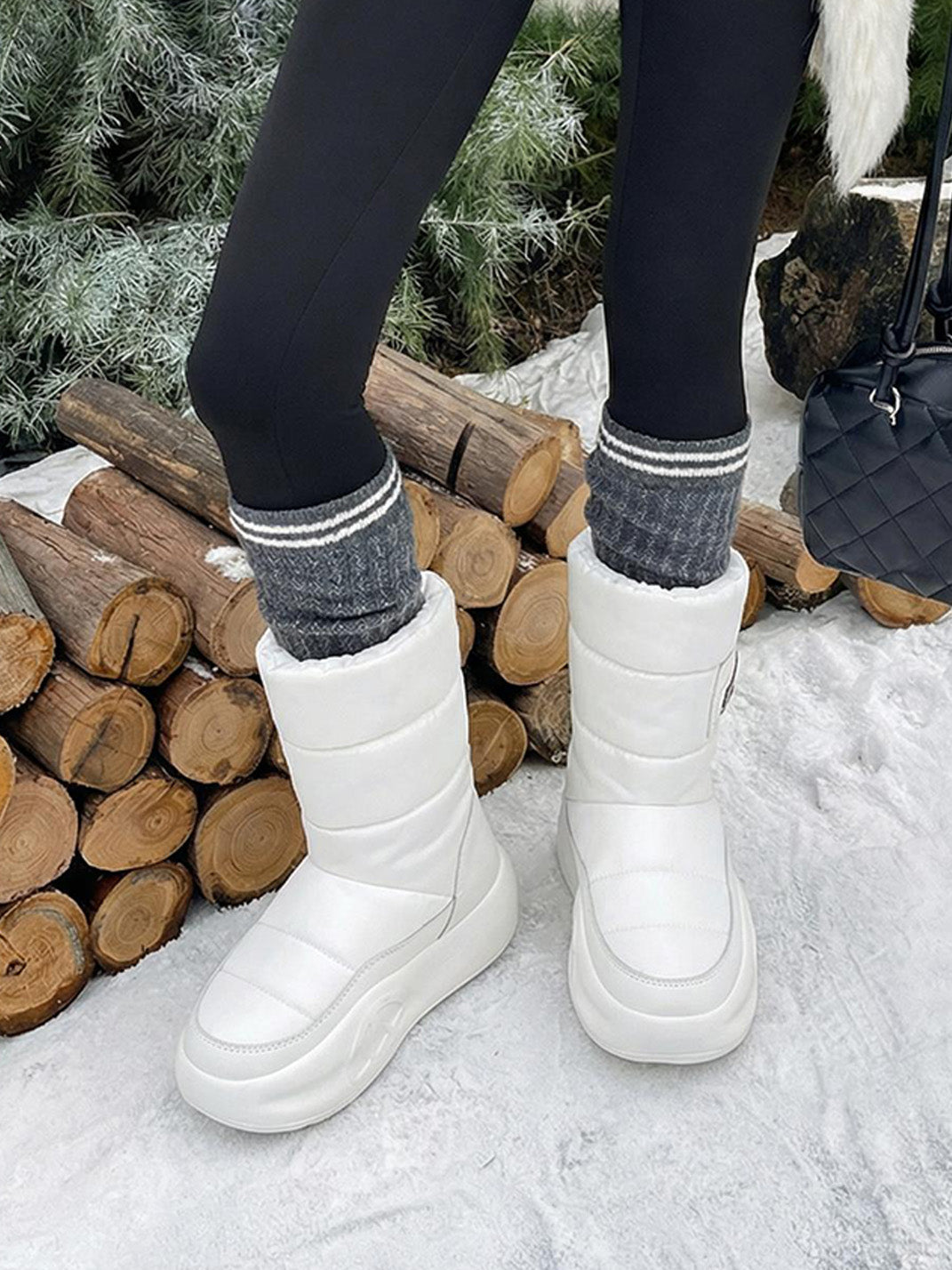 White Padded Mid-Calf Snow Boots - View 3