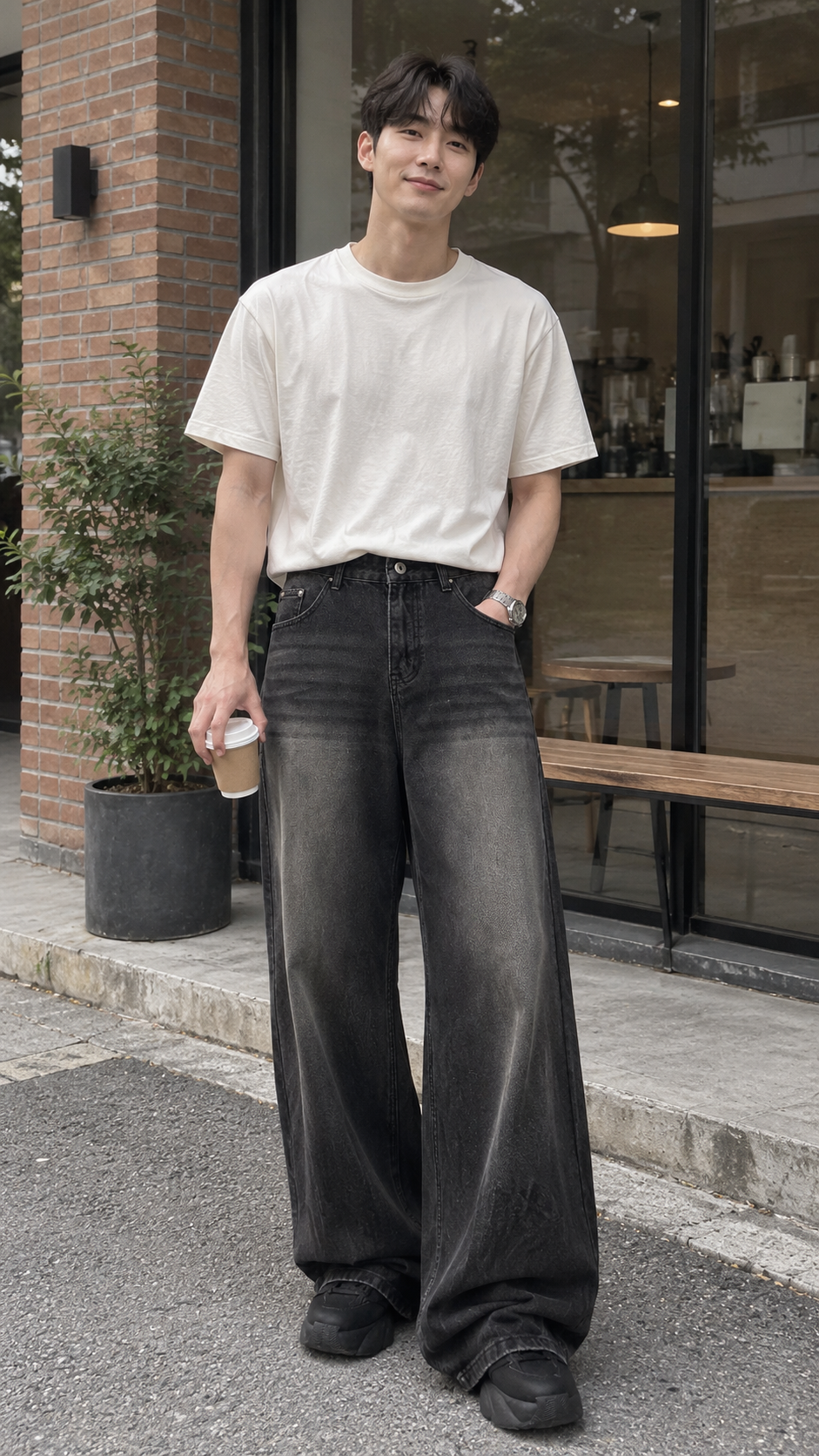 AI-styled look: Wide-Leg Faded Black Denim Jeans — cafe outfit