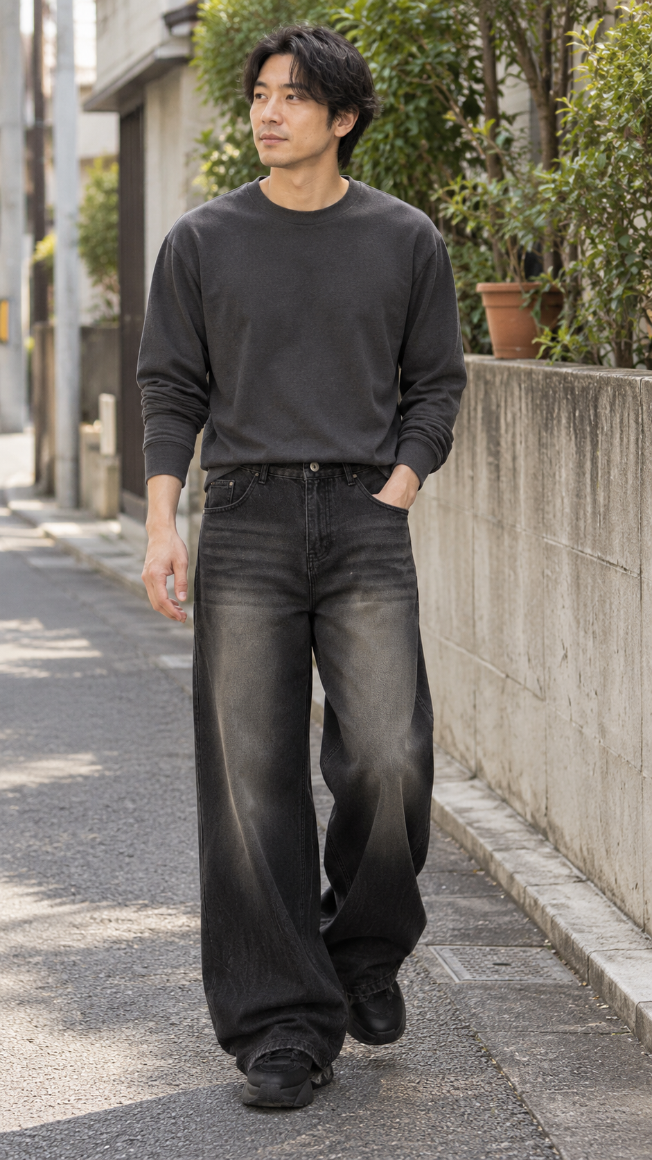 AI-styled look: Wide-Leg Faded Black Denim Jeans — sidewalk walk