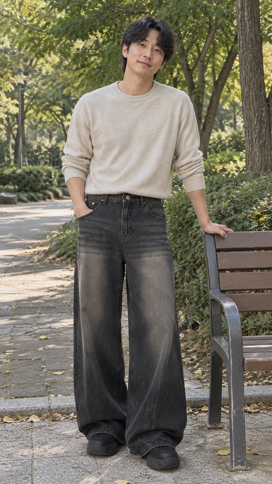 AI-styled look: Wide-Leg Faded Black Denim Jeans — park outfit